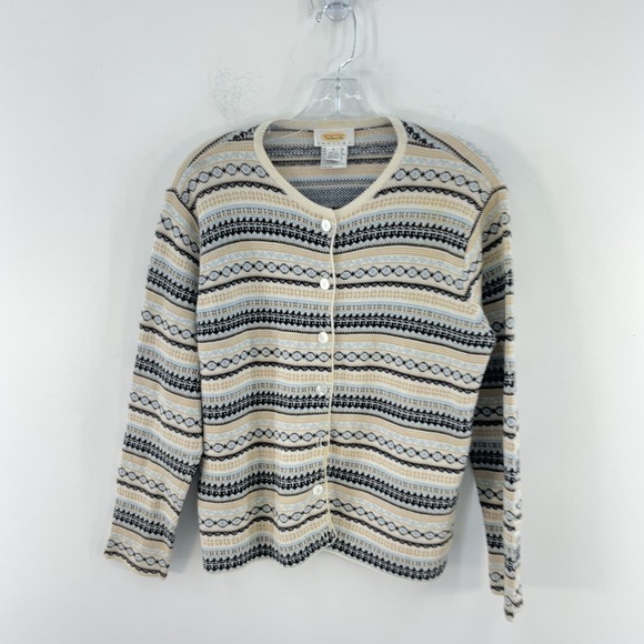 Talbots Sweaters - Talbots Beige Cotton Cream Black Light Blue Knitted Cardigan Sweater Womens S
